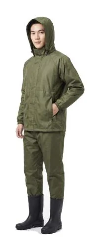 Two-piece waterproof rain jacket and trousers worn by a figure