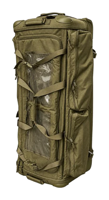 Wheeled tactical trolley bag with compression straps and document pockets