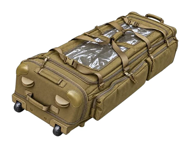 Wheeled tactical trolley bag with compression straps